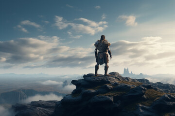 Lonely warrior standing on the top of the mountain. 3D Rendering