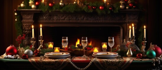 Cozy Christmas atmosphere with candles decorations fireplace and stockings With copyspace for text