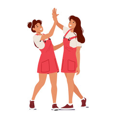 Two Twin Girl Characters Joyfully Connect Their Hands. Sisters Creating A Heartwarming High-five Moment