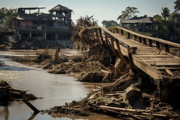 Fototapeta na wymiar A bridge destroyed by a storm surge over a river in a settlement. Generative AI