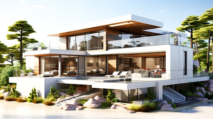 3D rendering of a modern cozy house with a terrace for sale or rent in a luxurious style and beautiful landscape design. Generative AI technology. - obrazy, fototapety, plakaty
