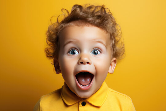 A charming child with a radiant smile on a warm yellow backdrop. His adorable presence exudes joy and surprise.
