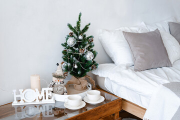 New year winter home interior decor. Christmas holiday decorations.
