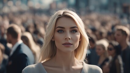 Fototapeta premium Stand out from the crowd concept with blonde woman standing out from large crowd of people