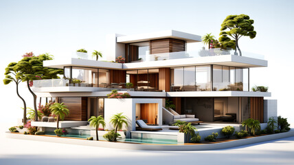 Fototapeta na wymiar 3D rendering of a modern cozy house with a terrace for sale or rent in a luxurious style and beautiful landscape design. Generative AI technology.