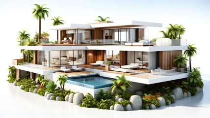 Fototapeta na wymiar 3D rendering of a modern cozy house with a terrace for sale or rent in a luxurious style and beautiful landscape design. Generative AI technology.