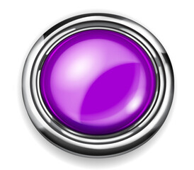 Realistic big purple plastic button with shiny metallic border on white background