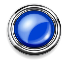 Realistic big blue plastic button with shiny metallic border on white background