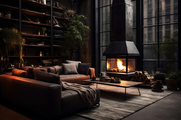 Interior of a living room with fireplace. 3d rendering. ia generated