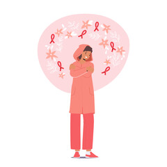 Woman Hugging Herself with Pink Ribbons around. Female Character Promotes Breast Cancer Awareness, Vector Illustration