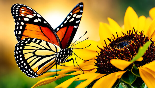 butterfly perched on a vibrant sunflower, sipping nectar from its center