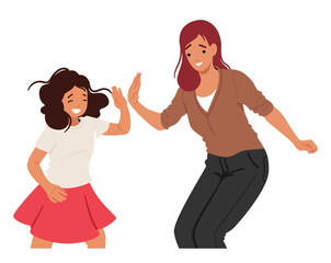 Heartwarming Moment As A Little Girl And Her Mother Characters Exchange An Enthusiastic High-five, Vector Illustration