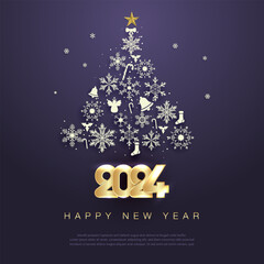 Christmas tree, Happy  New Year 2024,Golden numbers