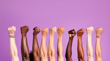 Raised fist of a women for international women day and the feminist movement. March 8 for feminism.