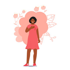 Black Female Character with Pink Ribbon and Hand on her Breast Passionately Promotes Breast Cancer Awareness