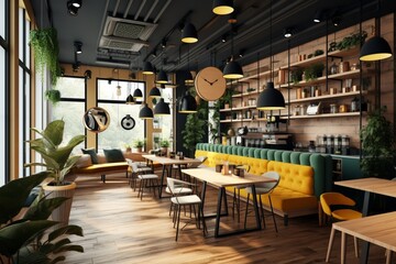 Create an interior design for a trendy coffee shop or cafe