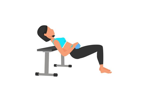 Dumbbell hip thrust exercise tutorial. Female workout on mat. Fitness woman exercising. Looped 2D animation with young girl character training. Sport and healthy lifestyle concept.