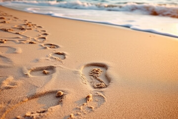 realistic photo of being at the beach with foot-print in the sand