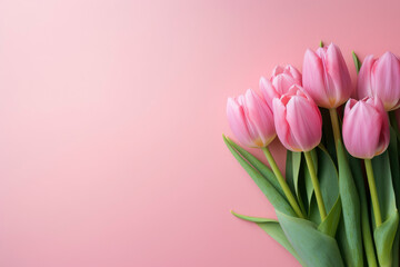 Rose tulips on pink background. Valentines day, mothers day, women day concept. Flat lay, top view, copy space.