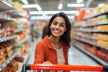 Indian woman smiling while shopping - obrazy, fototapety, plakaty