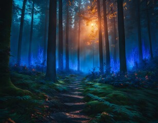The dark forest is shrouded in mysterious blue energy