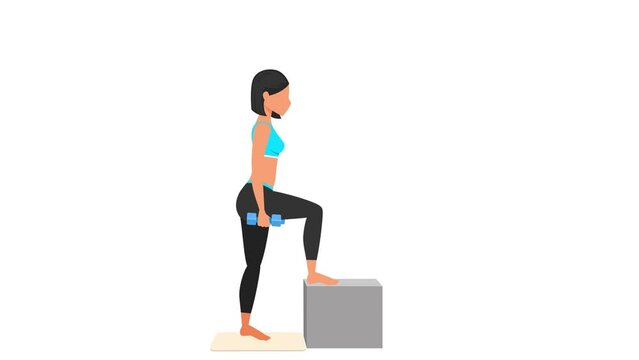 Dumbbell step up onto box exercise tutorial. Female workout on mat. Fitness woman exercising. Looped 2D animation with young girl character training. Sport and healthy lifestyle concept.