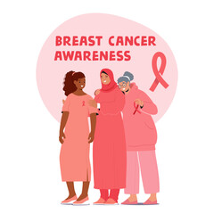Diverse Women Unite To Promote Breast Cancer Awareness. Female Characters Advocating For Inclusivity In Healthcare