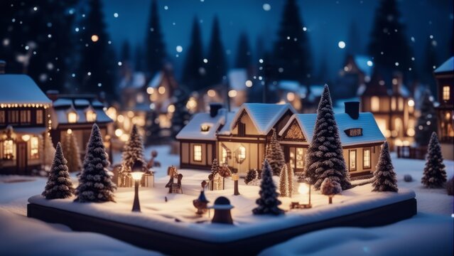 Winter scene with Christmas table in the background Christmas village on a snowy night