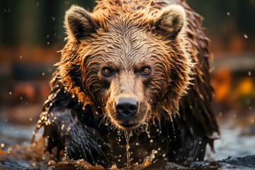 close-up of a grizzly bear in the water in the forest, wildlife - obrazy, fototapety, plakaty