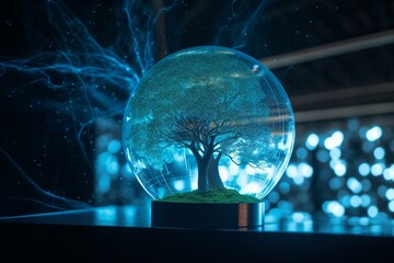 Tree growing on crystal globe representing digital and technology convergence with blue light, binary, and network background. Includes green computing, green technology, IT ethics,. Generative AI