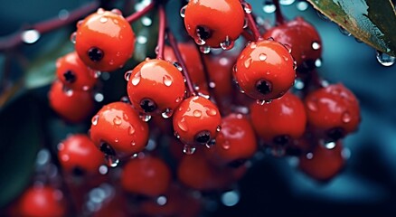 Fototapeta premium Branch with red berries frozen, generative ai.