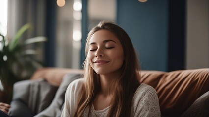 young girl meditating at home with eyes closed and smile, relaxing body and mind in a living room