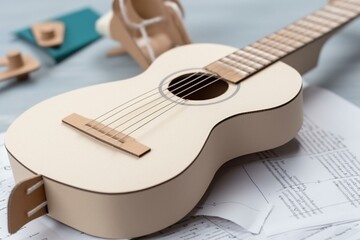 Closeup of a cardboard guitar toy with materials on a white wooden background. Generative AI