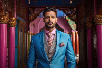 Young handsome indian groom in suit - obrazy, fototapety, plakaty