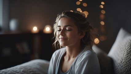 young girl meditating at home with eyes closed and smile, relaxing body and mind in a living room