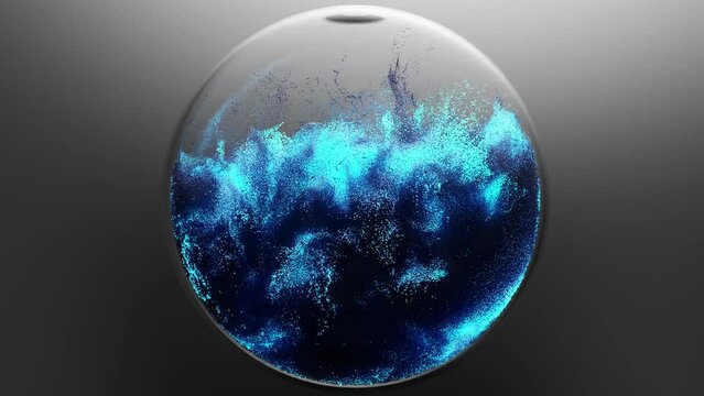 Realistic abstract liquid sphere, dust particles liquid substance, magical Bright blue glowing atoms, Water Splash  with Droplets, liquid substance, water ball wave into circle shape, 3d render