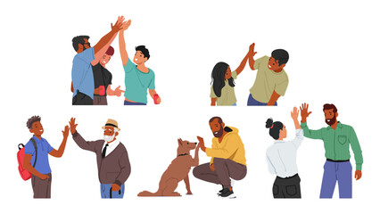 People Joyfully Raise Their Hands And Meet In A Satisfying High-five, Celebrating A Shared Victory, Vector Illustration