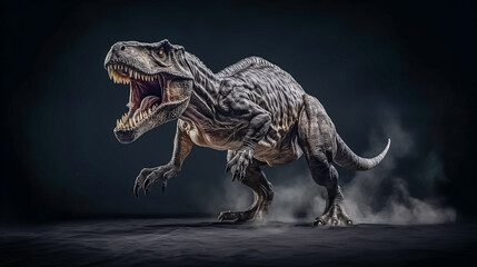 Fototapeta premium Hyper realistic illustration of carnivore Tyrannosaurus rex or T-rex on dark background. Generative AI