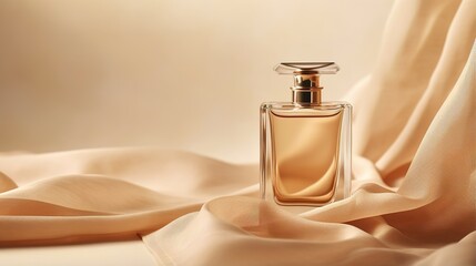 Generative AI, Bottle of perfume on a beige silk background. Glass flask with beige fragrance packaging design mock up - obrazy, fototapety, plakaty