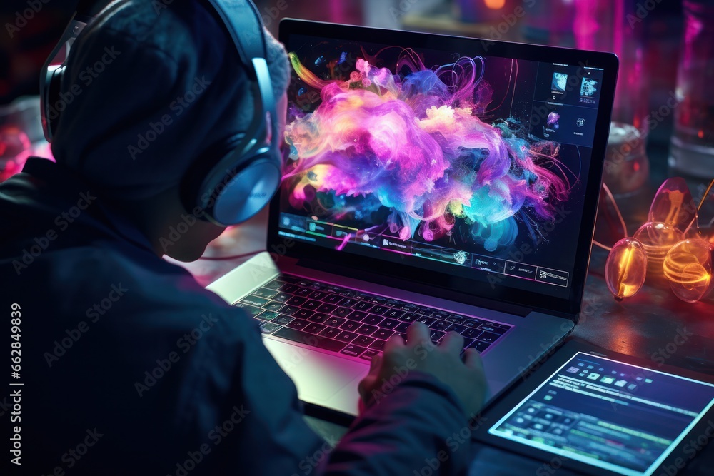 Poster artist's hands navigate ai software, revolutionizing content creation in close-up