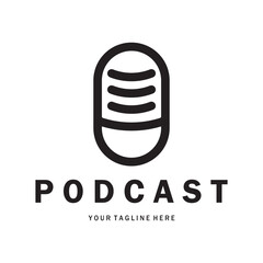 podcast logo with microphone and earphone audio, radio waves. for studio, talk show, chat, information sharing, interview, multimedia and web.