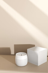 White aroma candle with box mockup on beige background. 3D render.