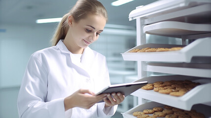 Fototapeta na wymiar A food female inspector in a sterile white uniform is holding the tablet and looking at collected cookies.