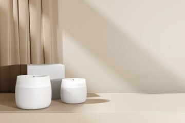 White aroma candle with box mockup on beige background. 3D render.