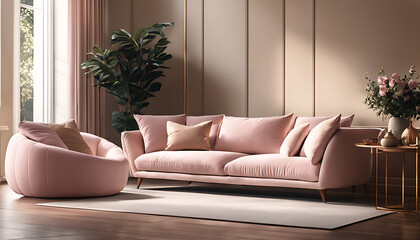 large beige couch with pink pillows in a room