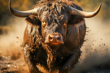 close-up of a bull running on mud, wildlife, wildlife - obrazy, fototapety, plakaty