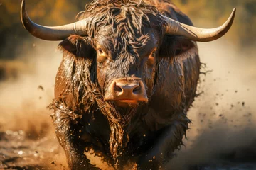 Fotobehang close-up of a bull running on mud, wildlife, wildlife © VicenSanh