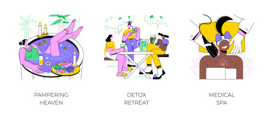 Wellness hotel isolated cartoon vector illustrations set. Pampering heaven, luxury accommodation, detox retreat, diverse people drinking juice, medical spa, wellbeing vacation vector cartoon.