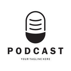 podcast logo with microphone and earphone audio, radio waves. for studio, talk show, chat, information sharing, interview, multimedia and web.