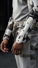 Fototapeta na wymiar Next-gen hospital rehab: Patient in robotic suit showcases future of physical therapy